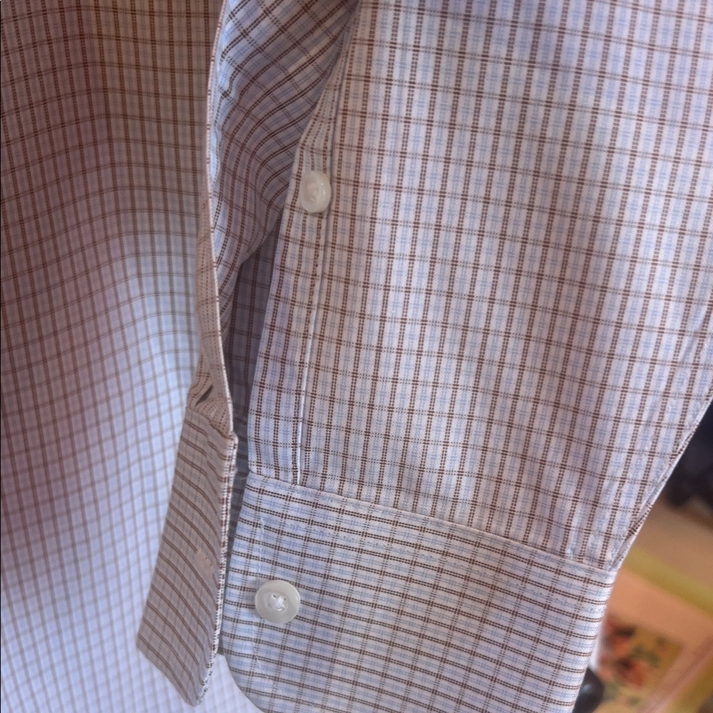 Roundtree & Yorke White Beige BlueDress Shirt with Beige and Blue Check - Picture 5 of 6